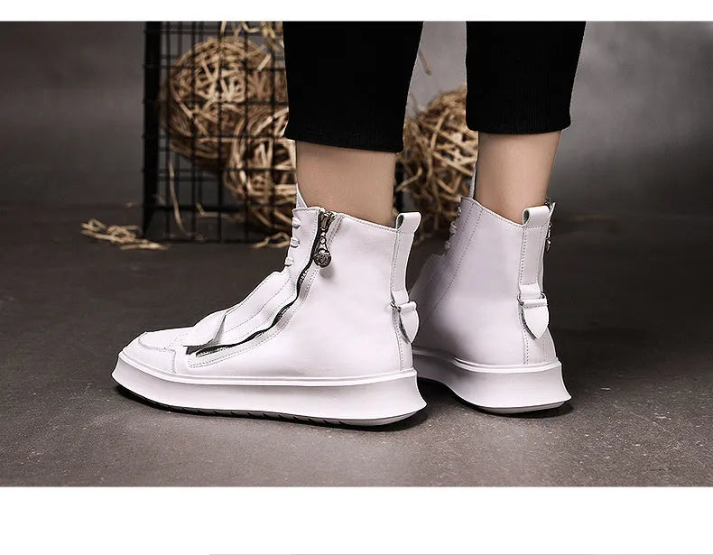 Men's black and white PU leather ankle boots in high-top sneaker style with winter boot design