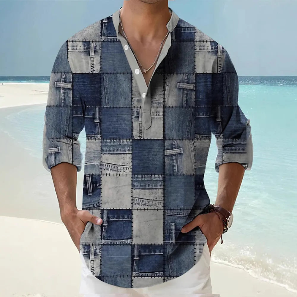 A lilac thin striped long sleeve shirt with a digital bamboo linen pattern, shown in a cardigan style.