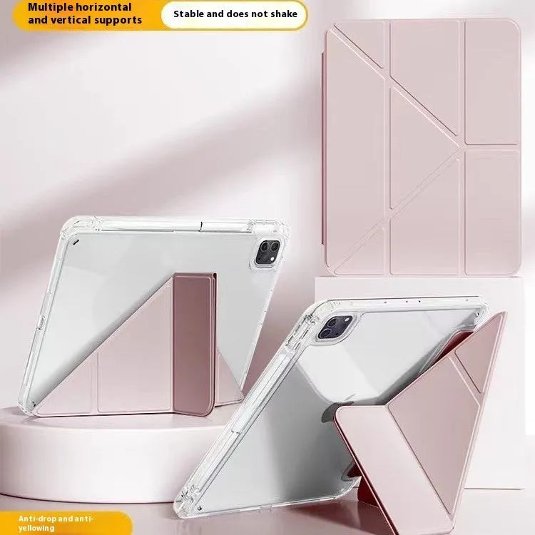Clear acrylic iPad case with magnetic stand shown in light purple colour on a tablet.