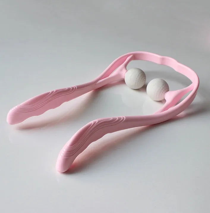 Swan-shaped hand roller neck massager with removable heads in blue, green, and pink colours