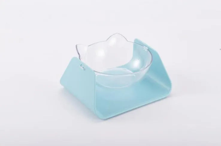 Protective cervical cat bowl in plastic with beveled sloped design, available in blue pink black white and yellow