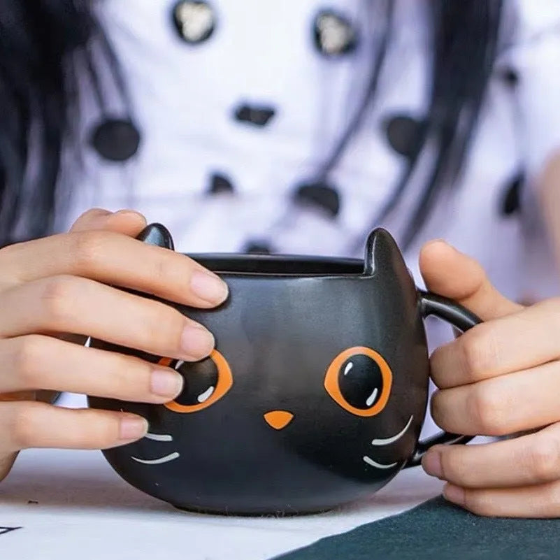 Black ceramic cat mug with pumpkin and spoon couple illustration, 355ml capacity