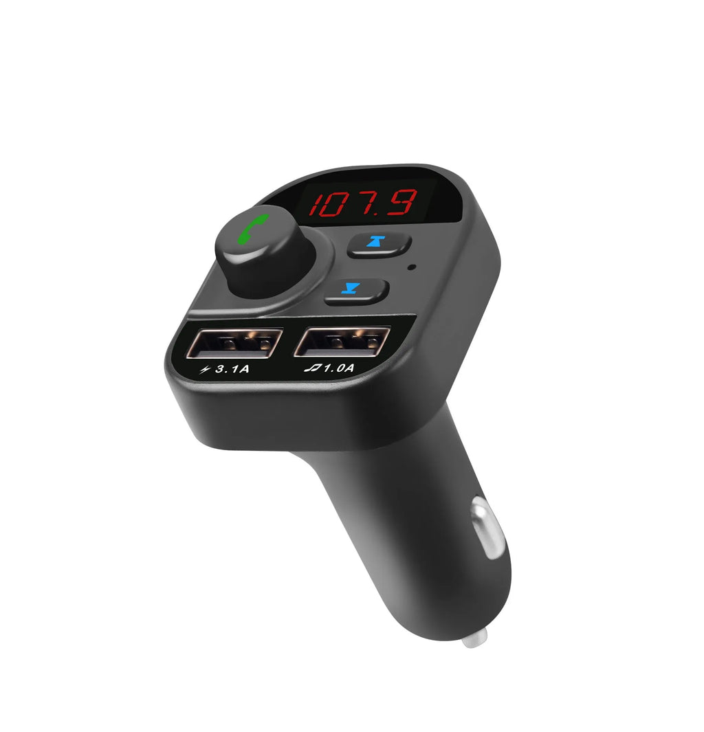 Black ABS car MP3 Bluetooth player, model 805, with 1.1-inch monochrome screen and cigarette lighter plug.