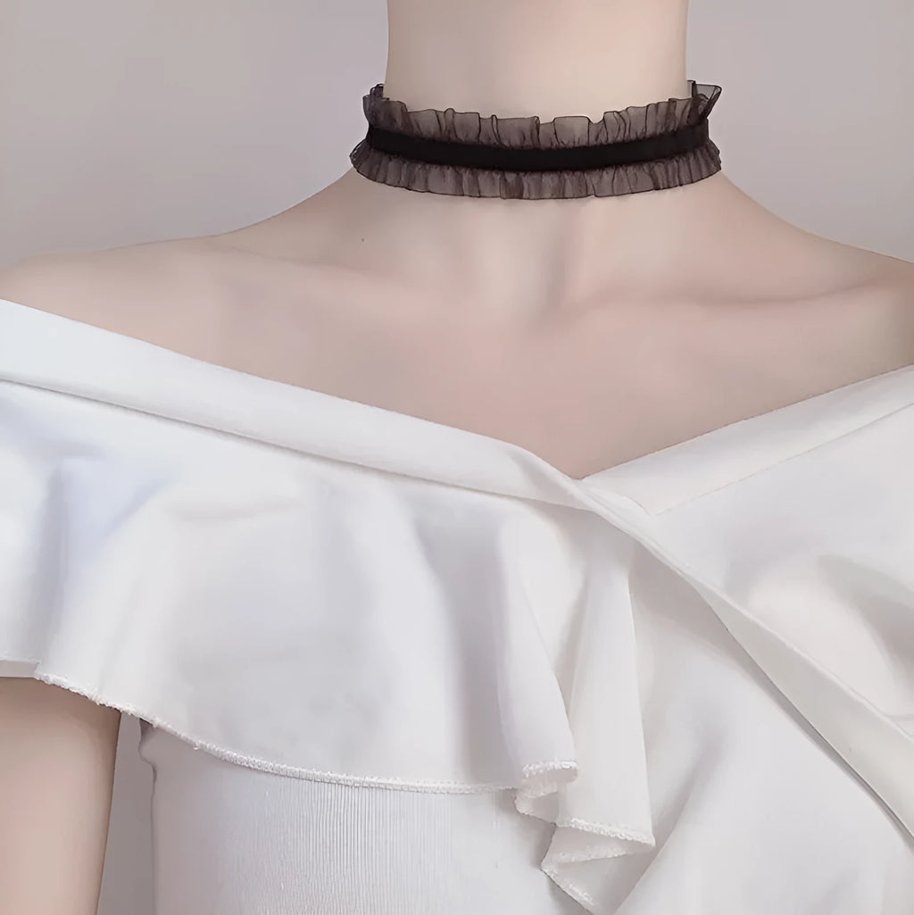 Velvet ruffled clavicle necklace with floral alloy pendant on snake bone chain in black, light coffee, or white.