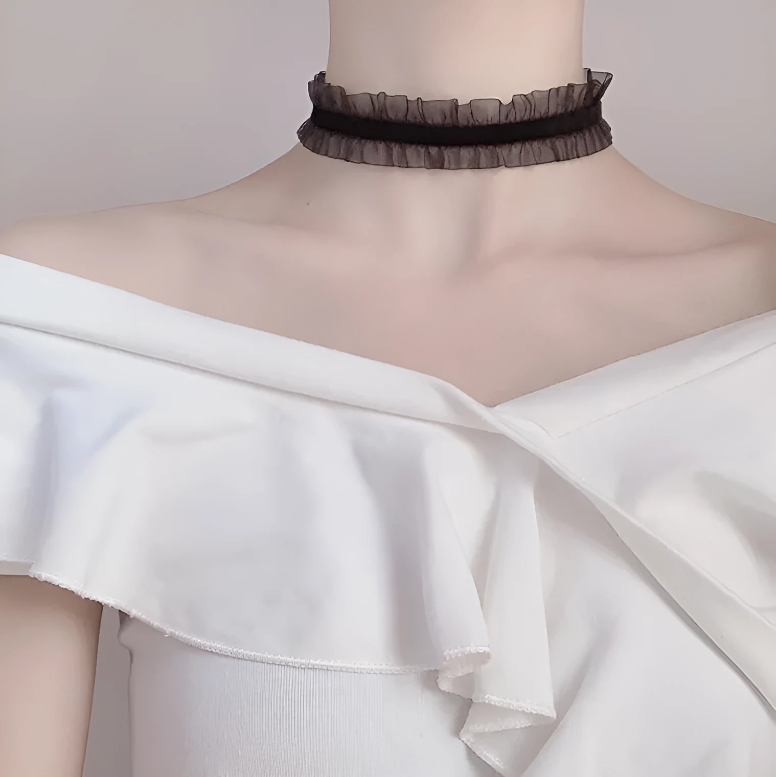 Velvet ruffled clavicle necklace with floral alloy pendant on snake bone chain in black, light coffee, or white.