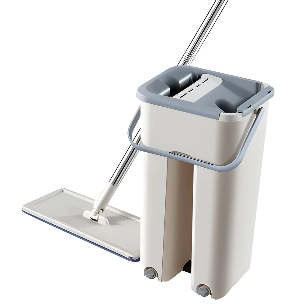 Home kitchen wooden floor lazy mop with bucket, microfiber head, and aluminium rod
