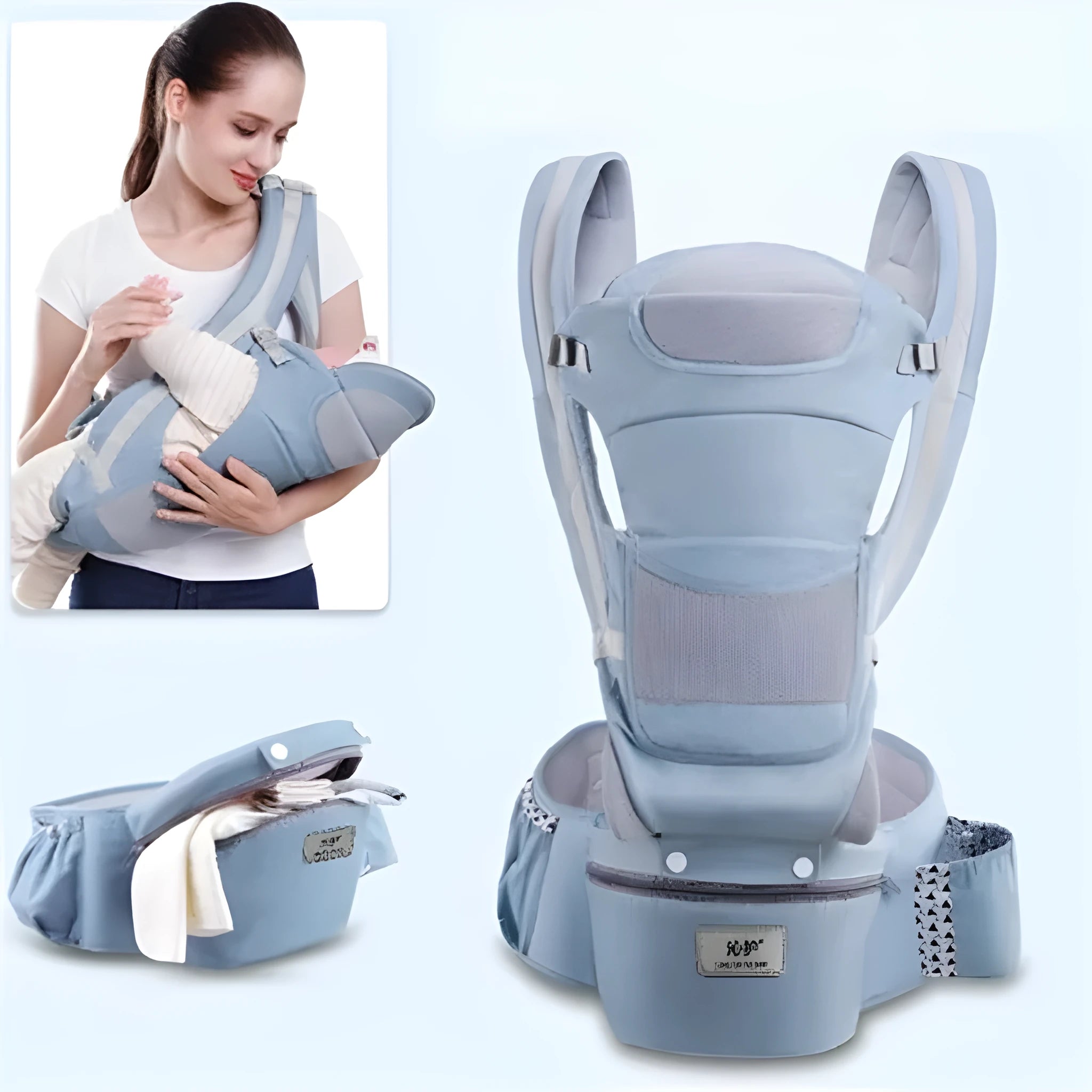 Baby waist stool carrier in blue with breathable mesh, adjustable waistband 71-110cm, cotton fabric