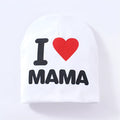 Baby hat in grey with 'Love Mama' text print, showing soft cotton-Lycra knit fabric
