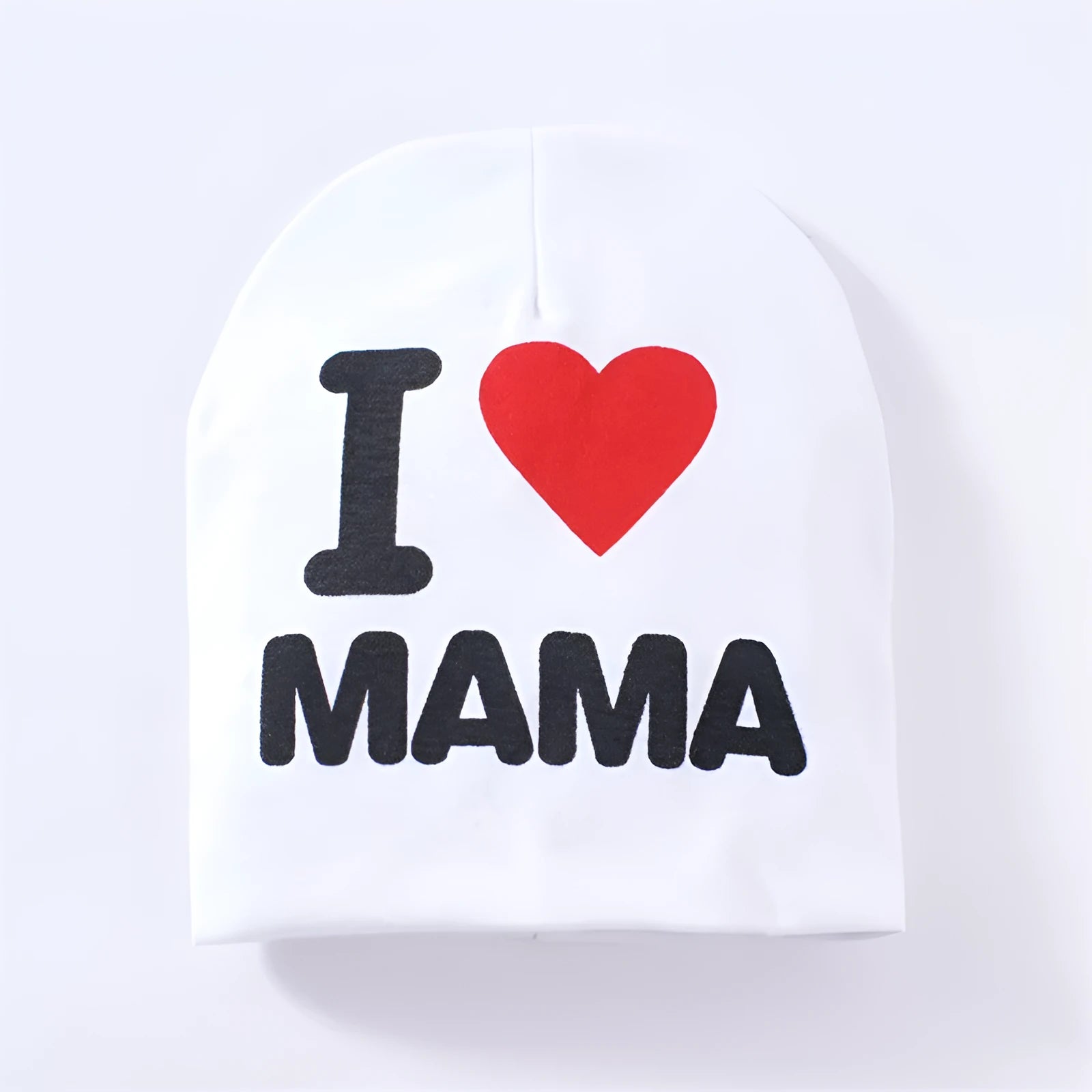 Baby hat in grey with 'Love Mama' text print, showing soft cotton-Lycra knit fabric