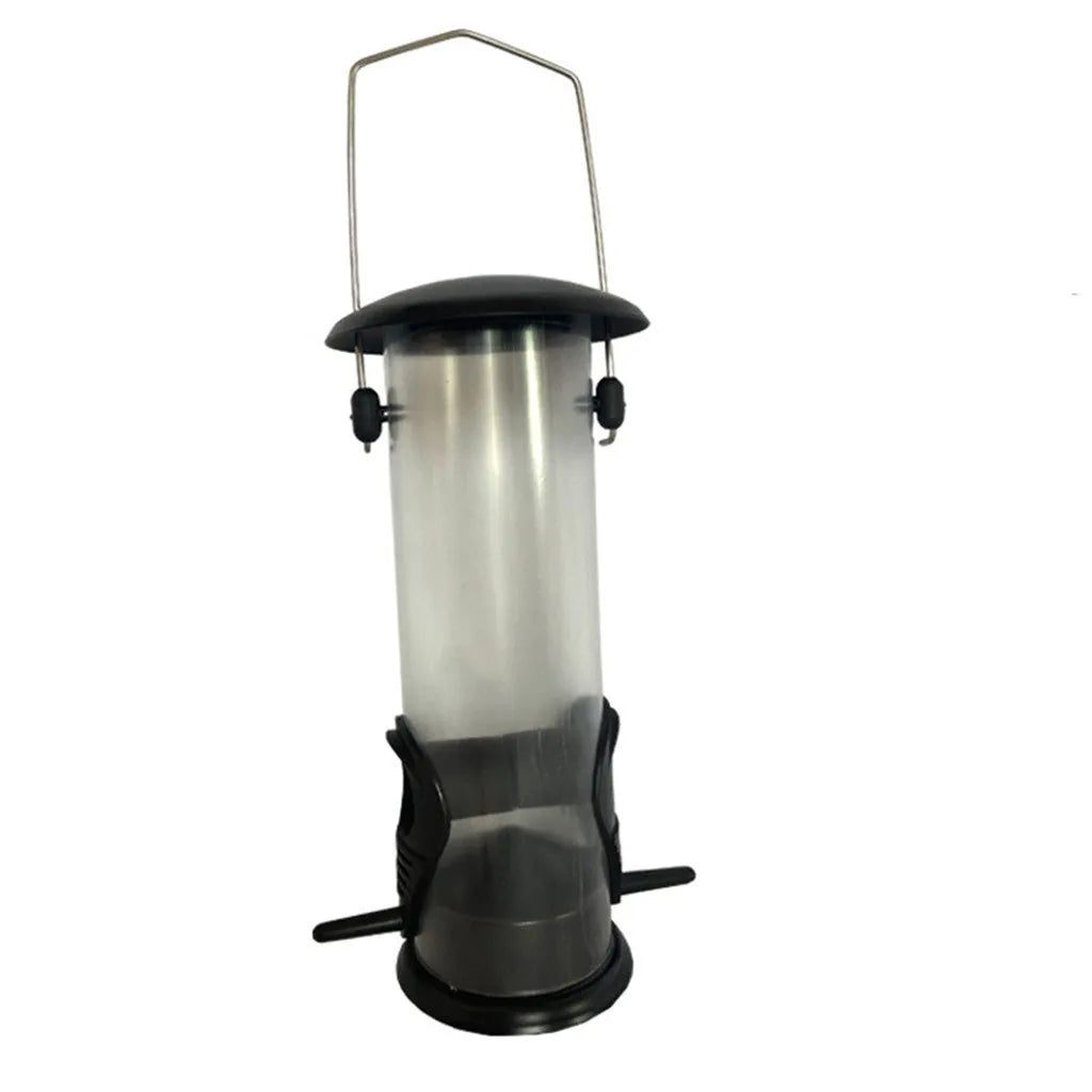 Black hanging bird feeder with transparent case, metal top and bottom, side feeding holes, and top hanging ring, 21.5x11x13cm