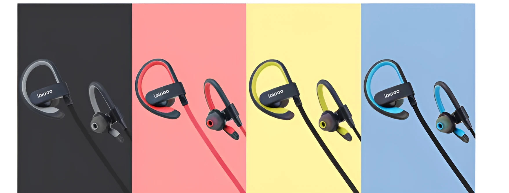 Wireless Bluetooth sports running headphones in blue, grey, red, and yellow colour options