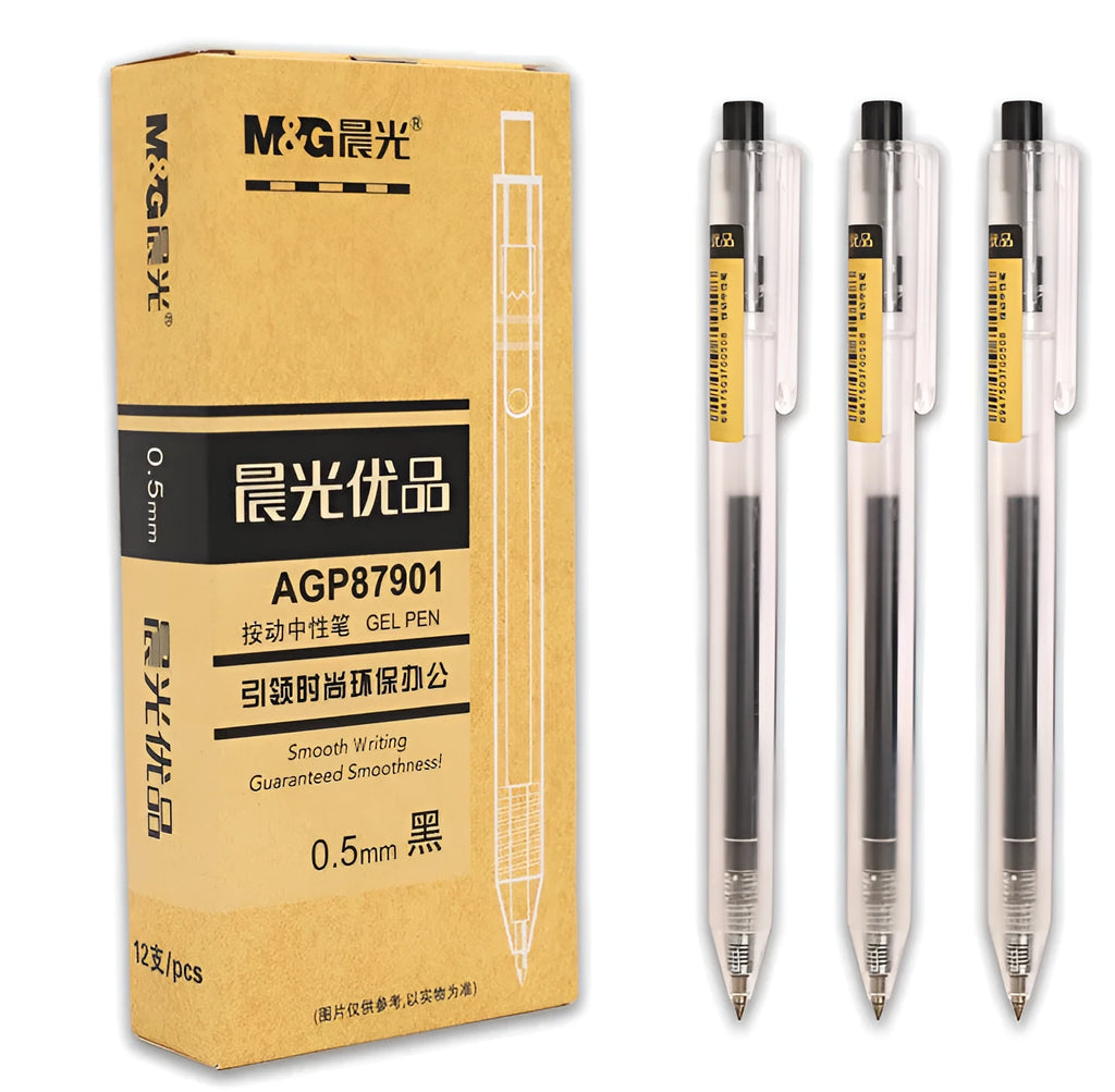 Set of twelve black frosted gel pens with retractable design and 0.5mm tips alongside two spare refills