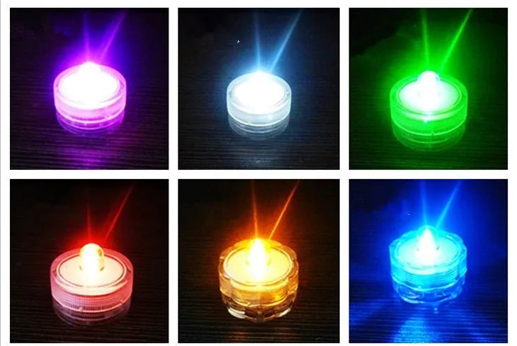 LED waterproof electronic candle light in seven colours, 3cm diameter, 2.6cm height, plastic body, 12-pack