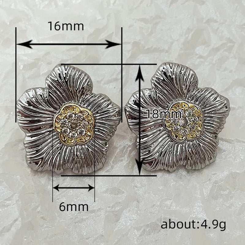 Retro textured stud earrings with gardenia camellia floral design in two-tone E3002 colour