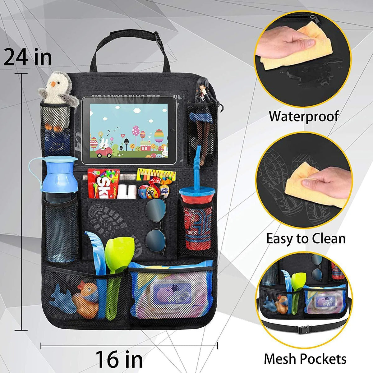 Black car seat back storage pouch with 9 bags and touch screen iPad holder, 61x41cm, 600D Oxford cloth