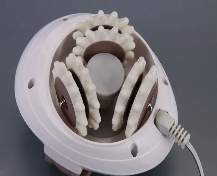 3D muscle shaping machine electric body massager with swivel wheel in white and coffee