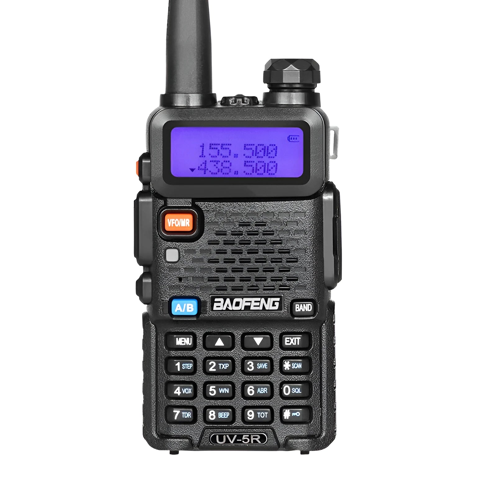 Black professional walkie talkie with LCD display, showing 128 channels and dual VHF/UHF frequency bands.