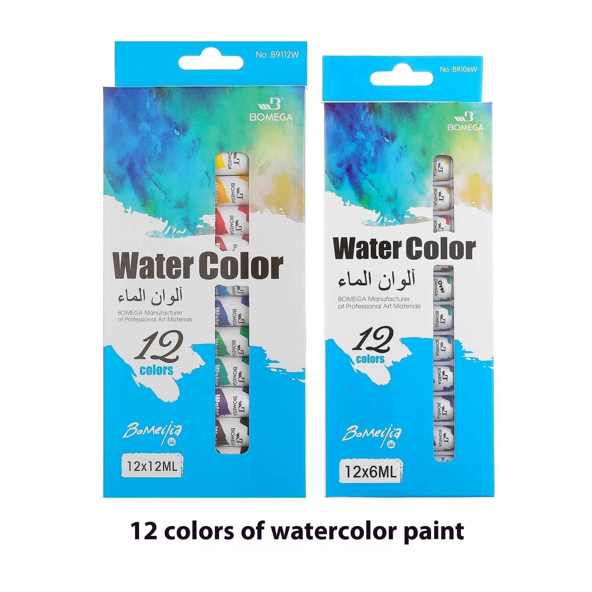 Artists' paint set showing twelve colour tubes organised in strips for acrylic, gouache, watercolour, and oil painting