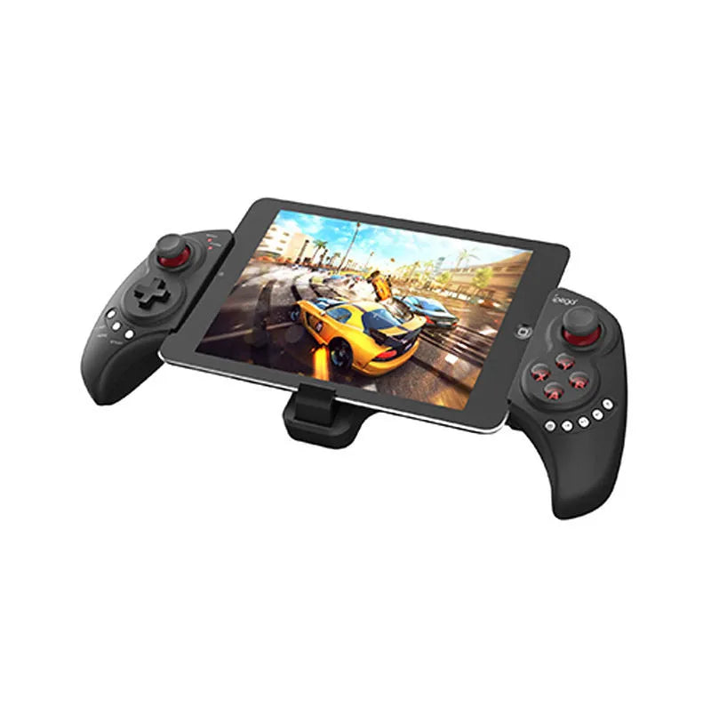 Black telescopic wireless game controller extended holding a mobile phone