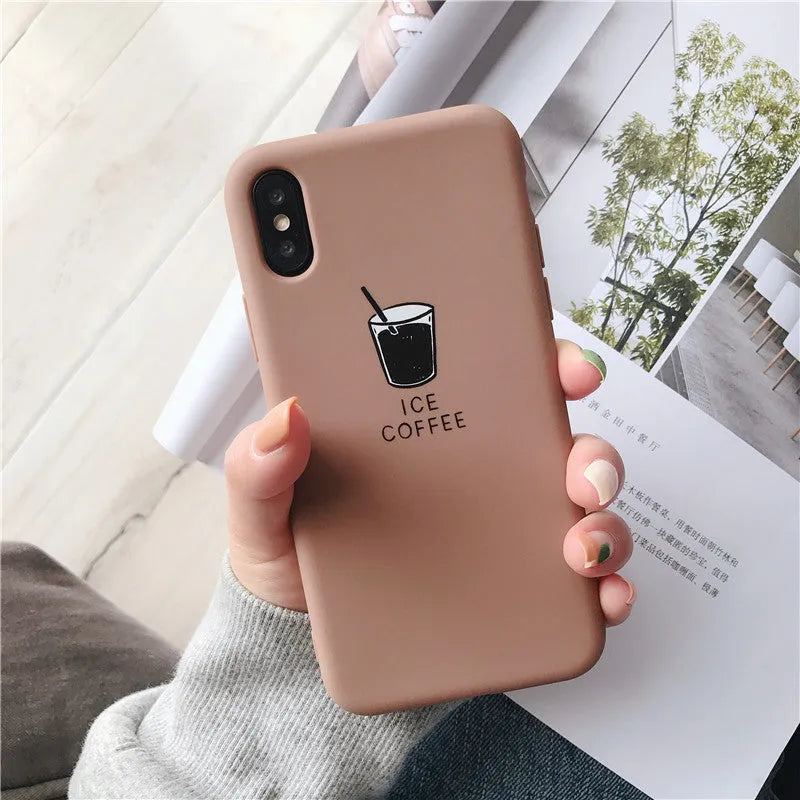 Soft matte silicone iPhone case with cute coffee and fries couple design pattern.