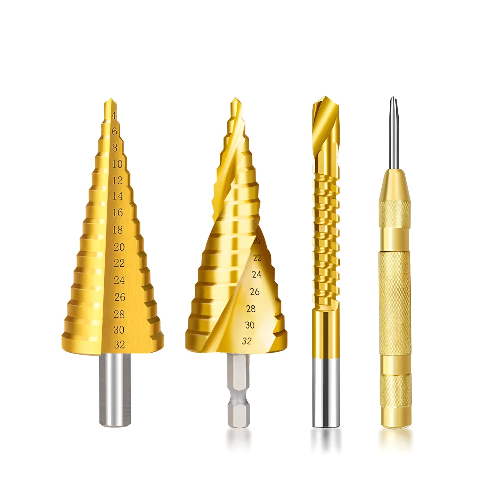 High speed steel step drill bit set with centre punch for metal and wood drilling