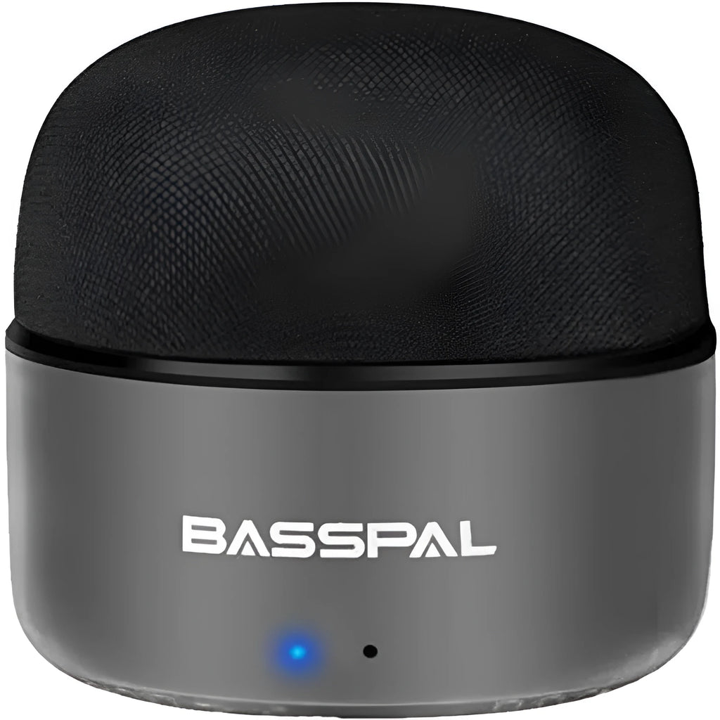Black mini portable waterproof Bluetooth speaker with control buttons.