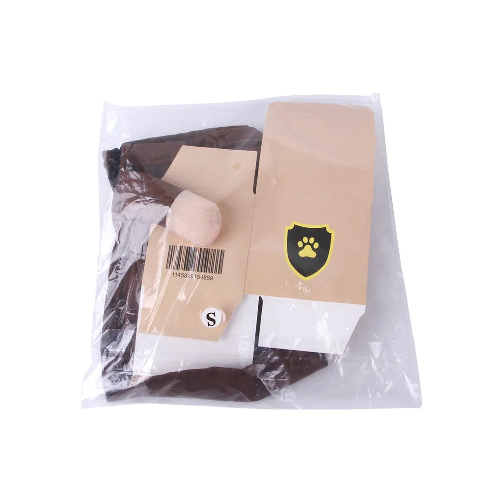 Coffee coloured pet clothing with standing collar design on dog model