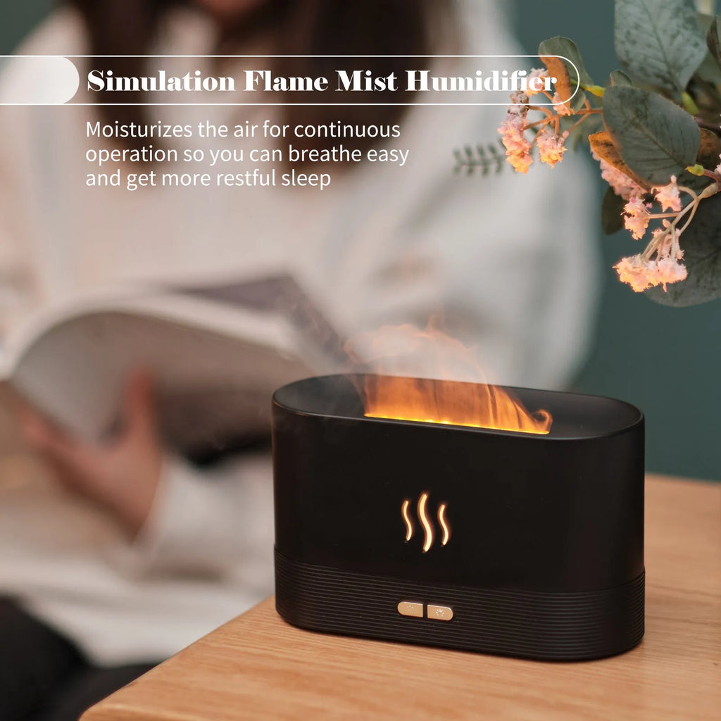 Square black ultrasonic aroma diffuser with LED flame effect and mist output