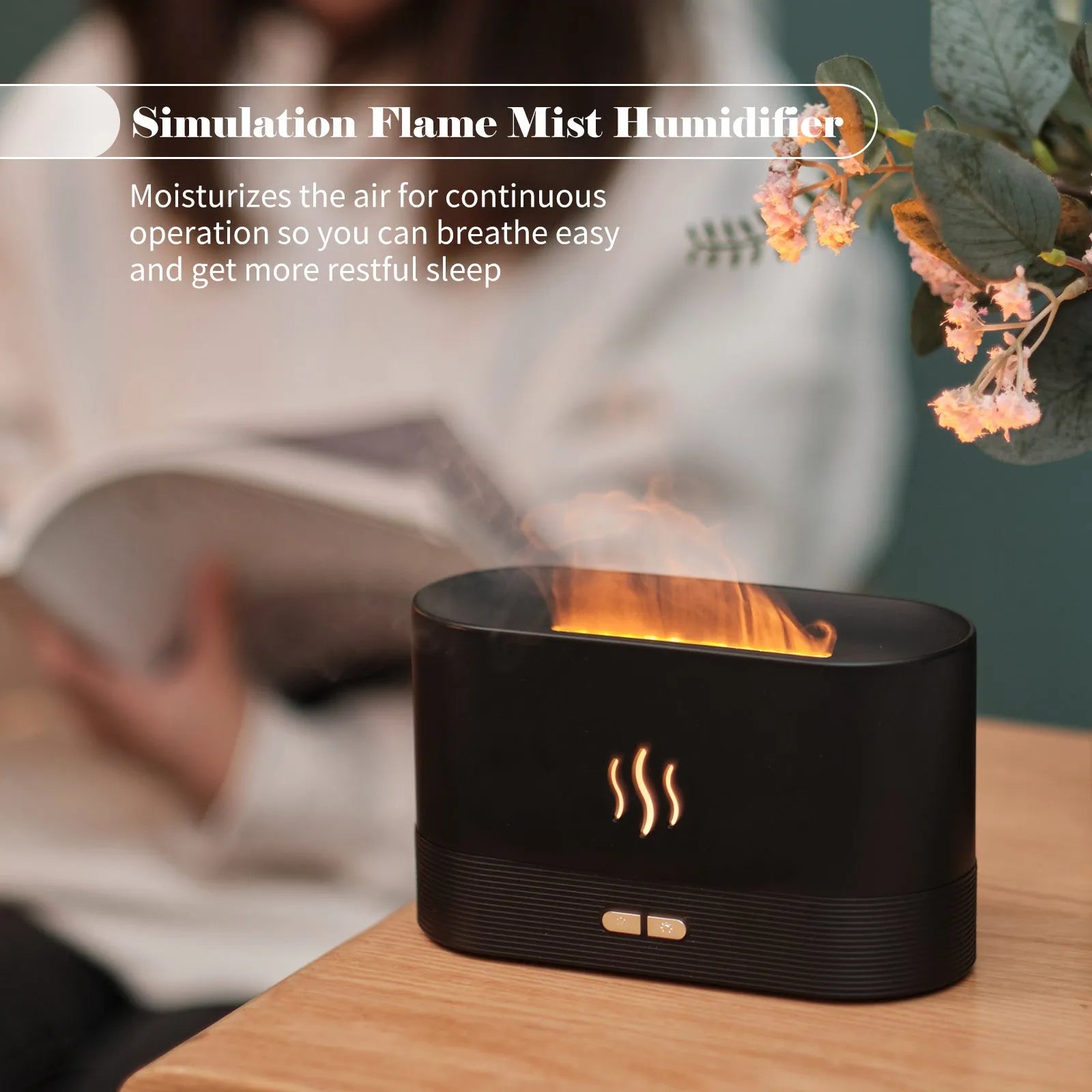 Square black ultrasonic aroma diffuser with LED flame effect and mist output