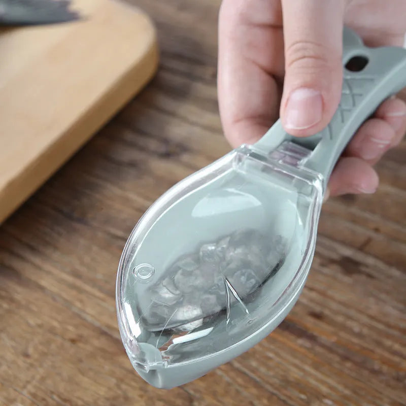 Fish-shaped scale scraper kitchen tool in white green or blue with cover and hanging hole