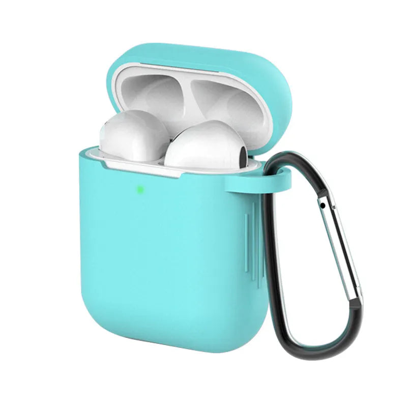 Liquid silicone clam-shell cover for Apple AirPods 1st and 2nd generation charging case.