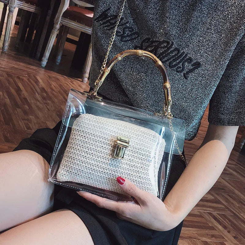 Women's PVC bamboo knot woven crossbody bag with chain decoration in khaki