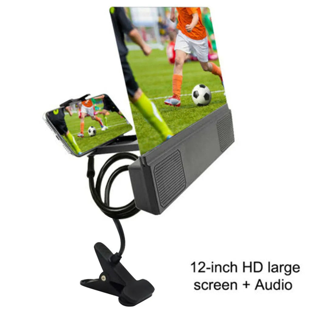 Smartphone screen amplifier with 12-inch lens and flexible gooseneck stand on a table
