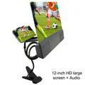 Smartphone screen amplifier with 12-inch lens and flexible gooseneck stand on a table