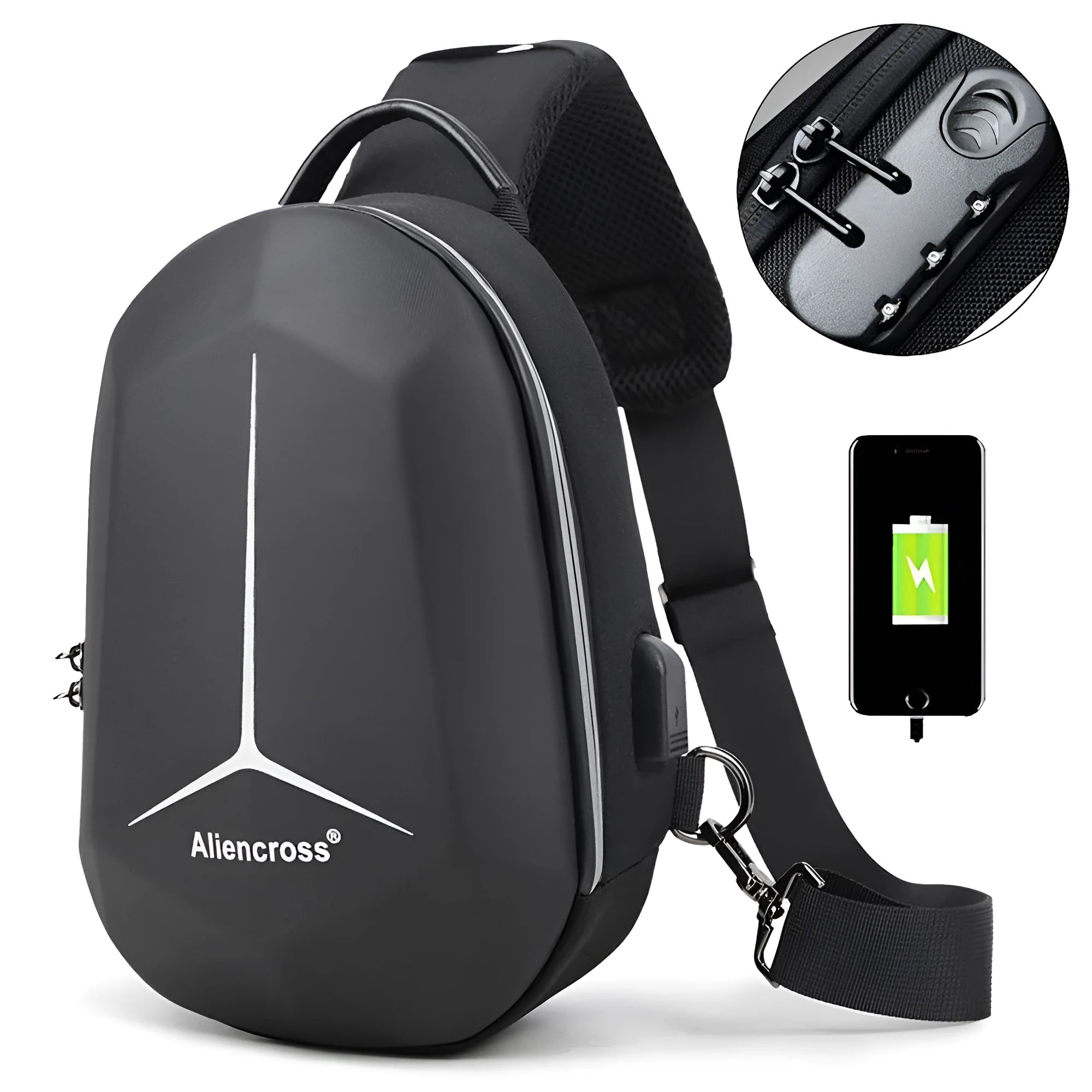 Waterproof Oxford cloth chest bag in black, shown with dimensions 20cm by 10cm by 30cm.