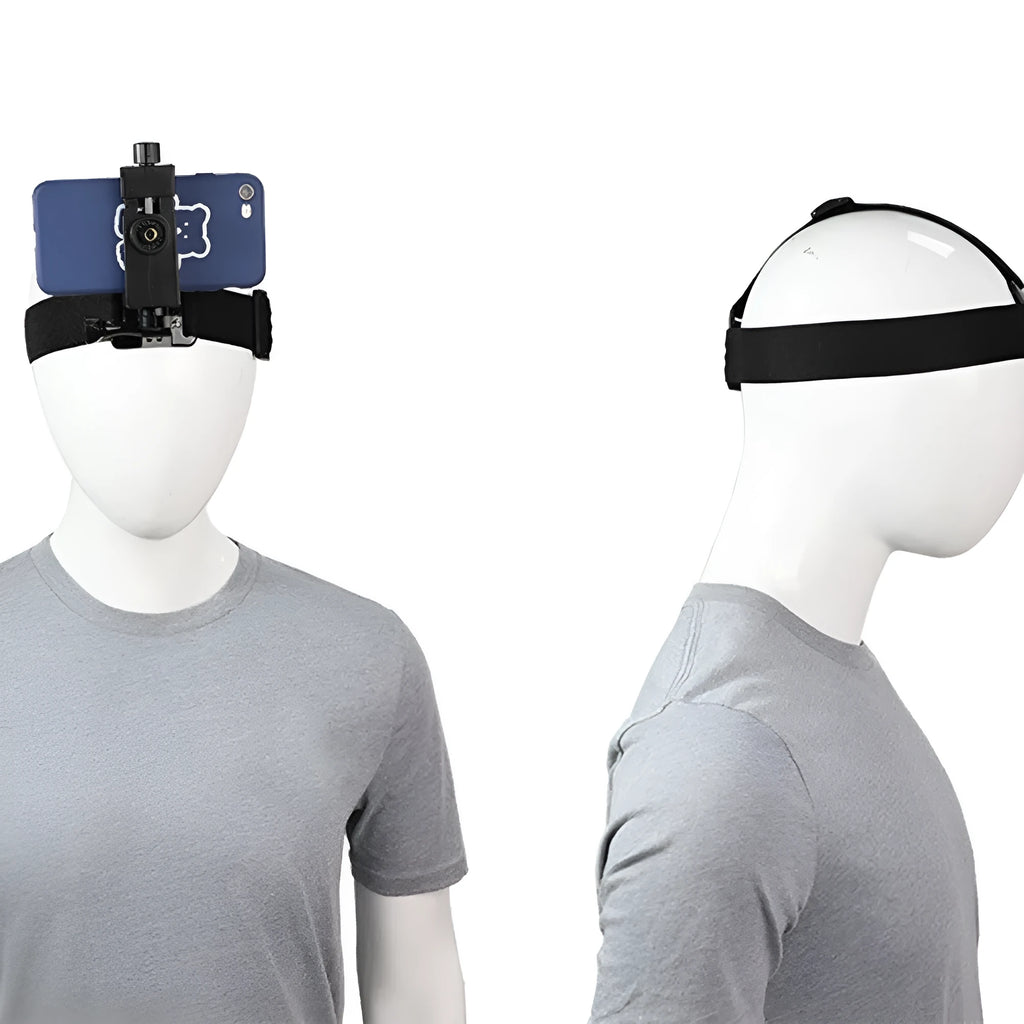 Head-mounted phone holder with screws showing adjustable angle and stretch nylon strap on a black background