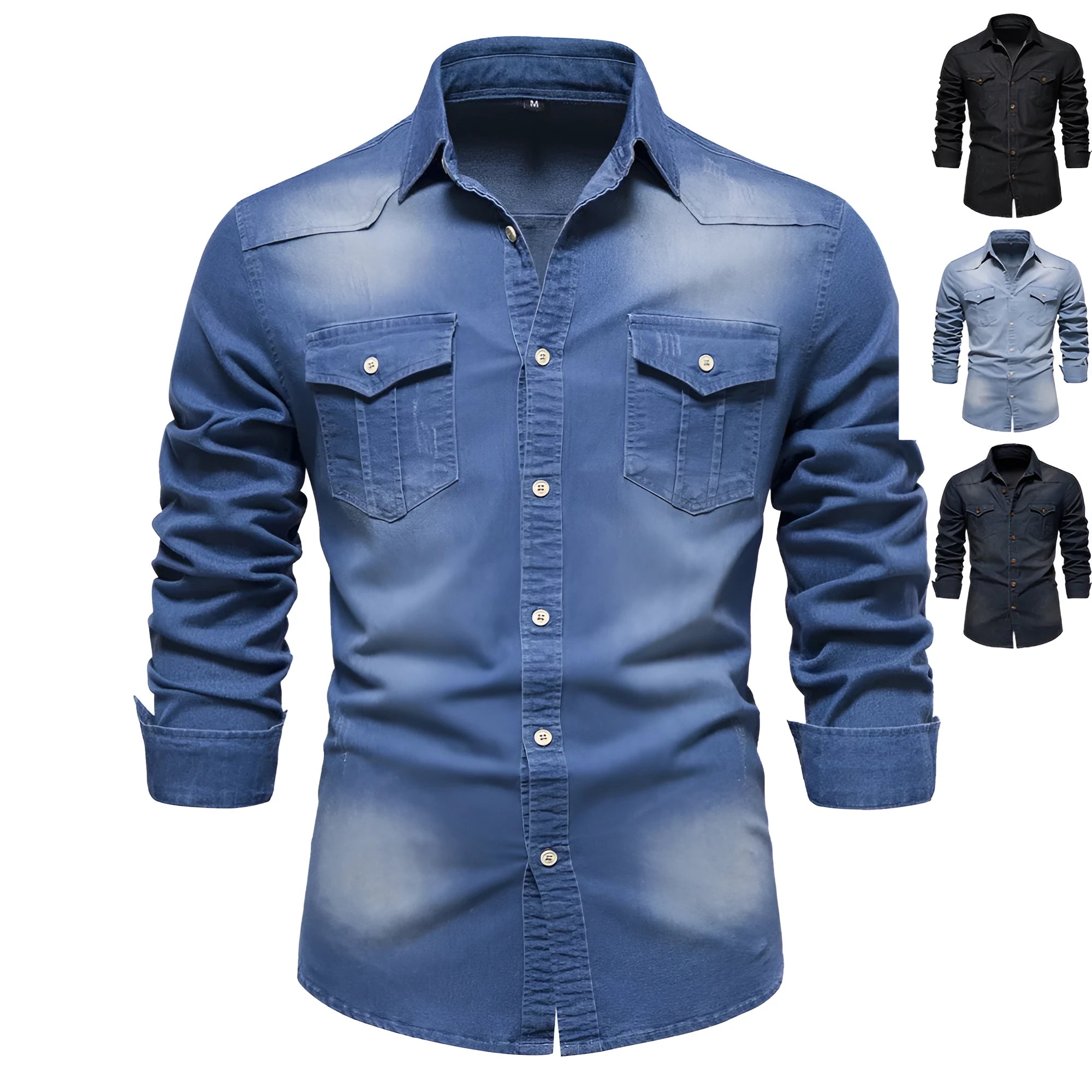 Men's slim fit cotton denim shirt in solid colour with long sleeves and button front
