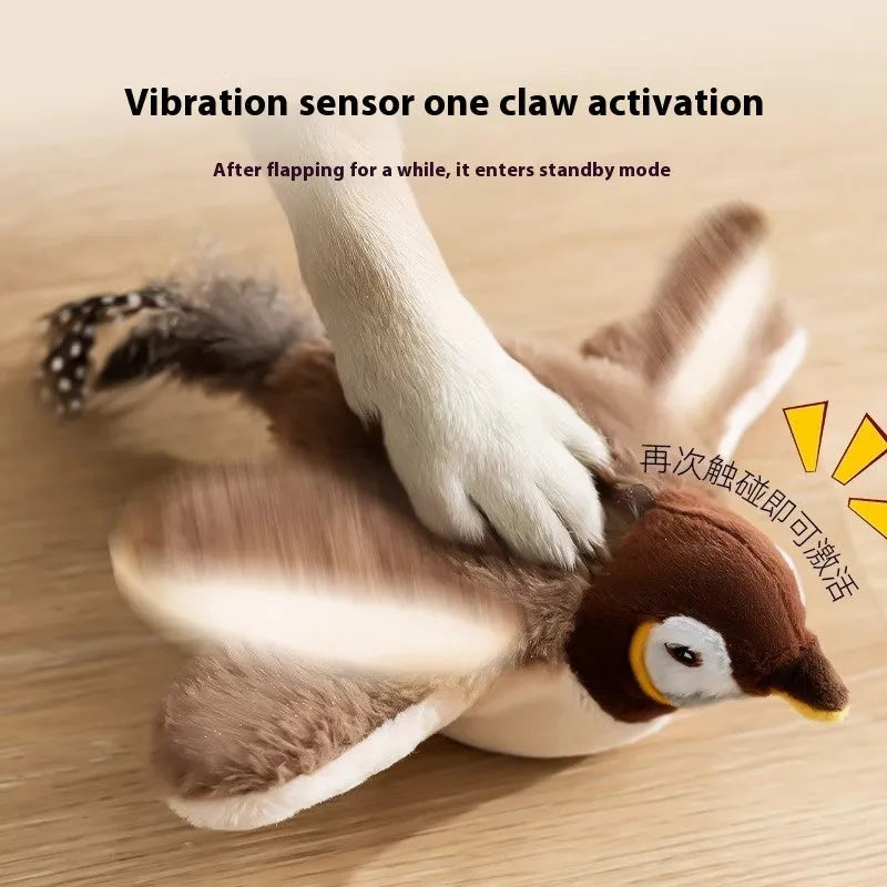 Colourful Interactive Bird Shake the Sparrow plush cat toy on a light background