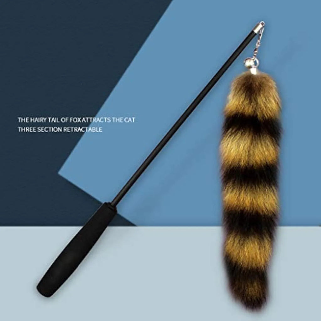 Black cat toy wand with elastic string and feather attachment for interactive feline play