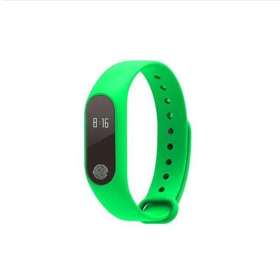 A smart wristband fitness tracker with a heart rate sensor on a wrist, shown in multiple colour options.
