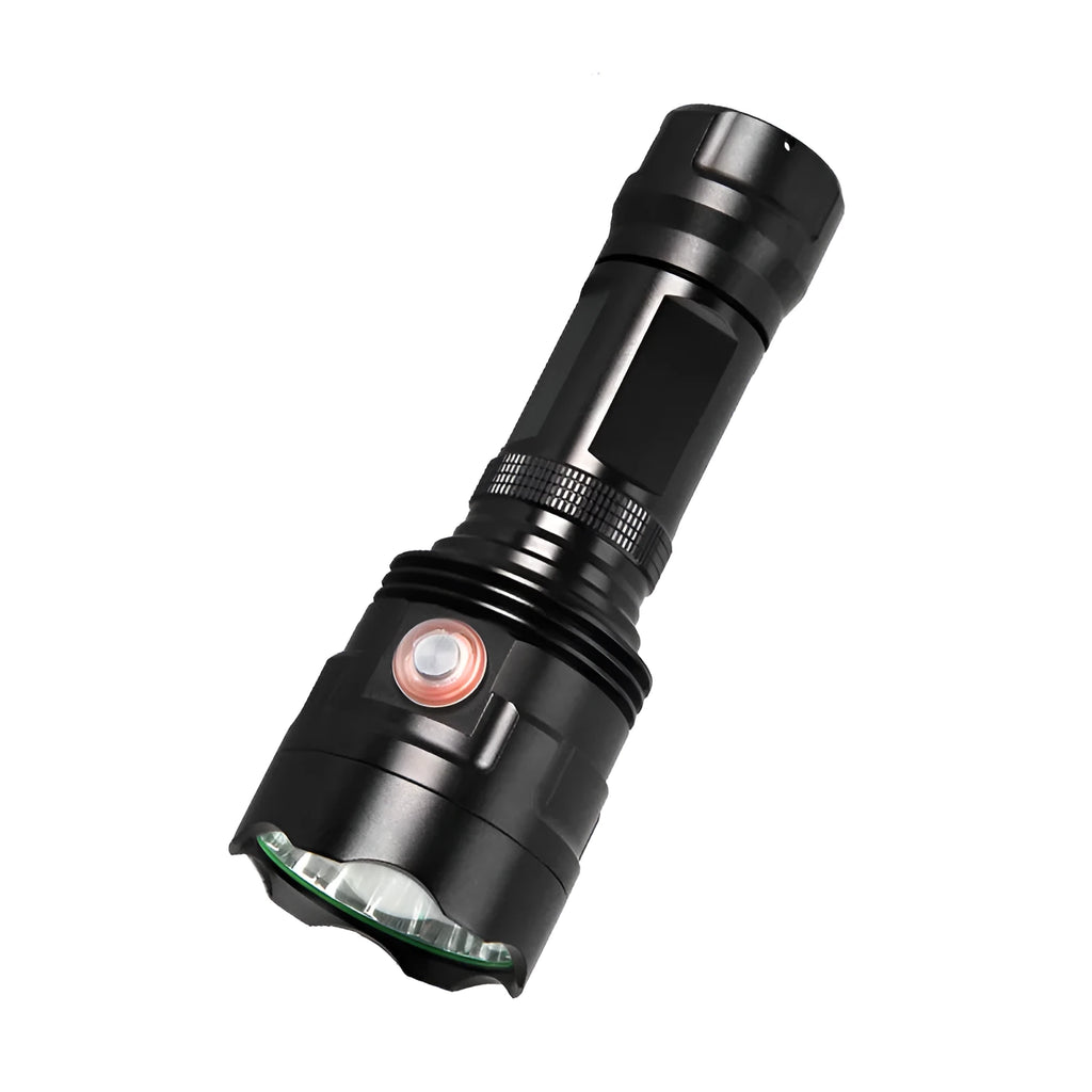 Black aluminium alloy tactical LED flashlight with a large 55mm head, shown with USB cable and yellow box.