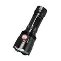 Black aluminium alloy tactical LED flashlight with a large 55mm head, shown with USB cable and yellow box.