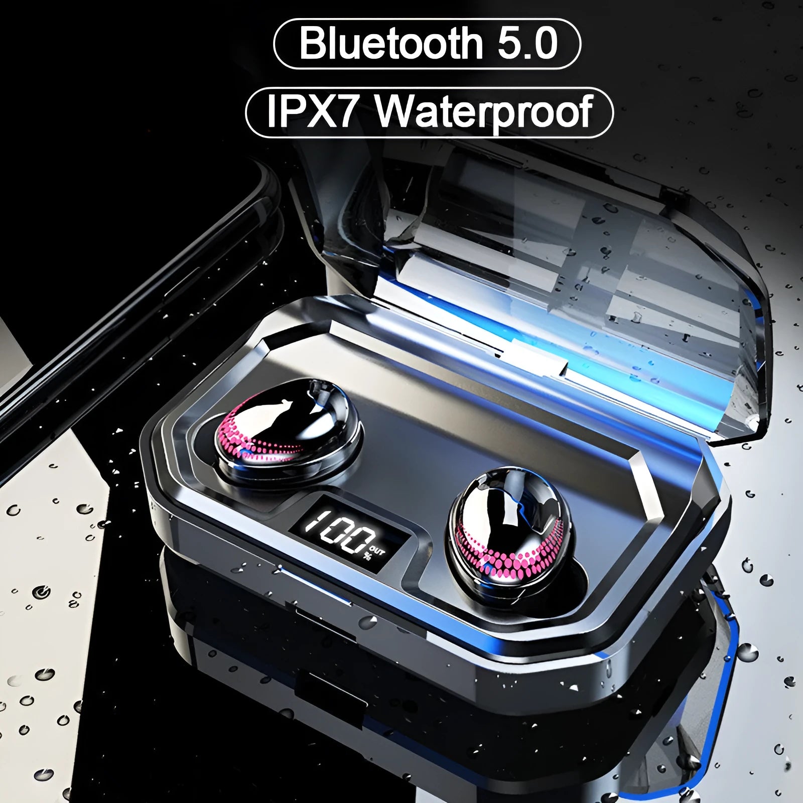 Black X10 Bluetooth wireless headset with a charging case on a white background.