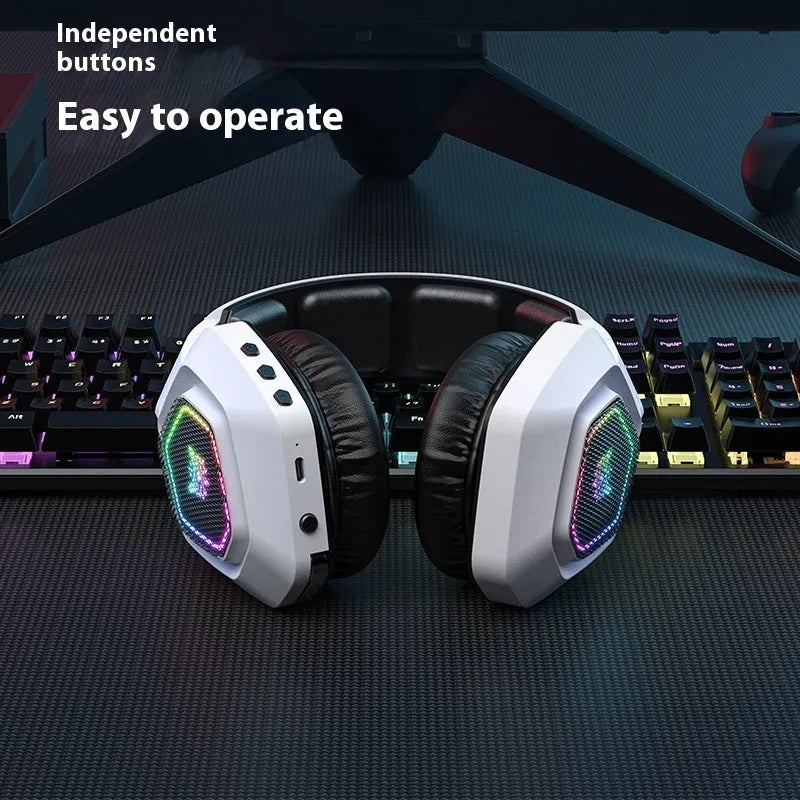 Black and white wireless gaming headset with RGB lighting, showing lightweight 24g design