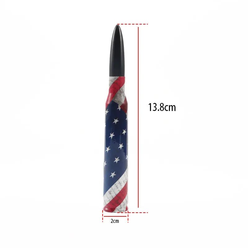 14cm long bullet-shaped car antenna in camouflage green, black, and American flag designs