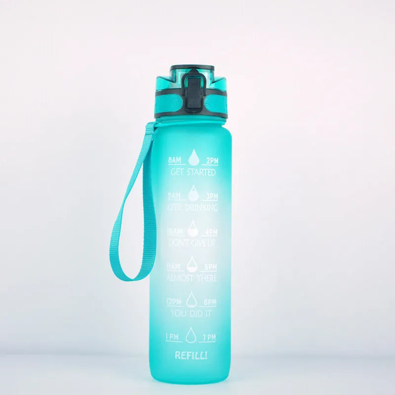 Clear plastic 1000ml sports water bottle with coloured lid and a fruit infuser straw inside.