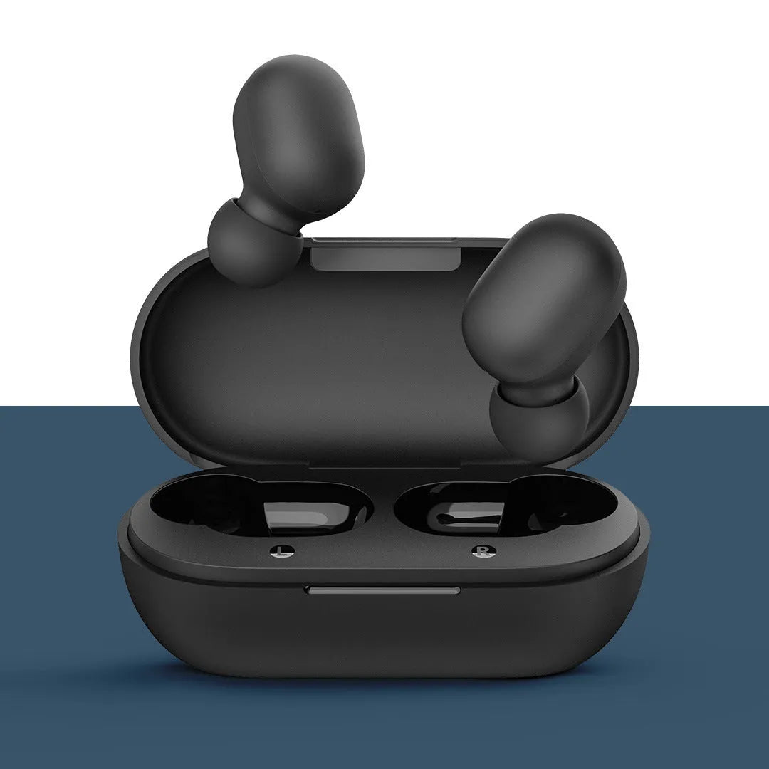 Black true wireless Bluetooth earbuds with bilateral stereo design for hands-free calls and music