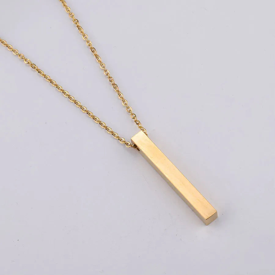 3D engraved bar necklace with stainless steel link chain in gold colour