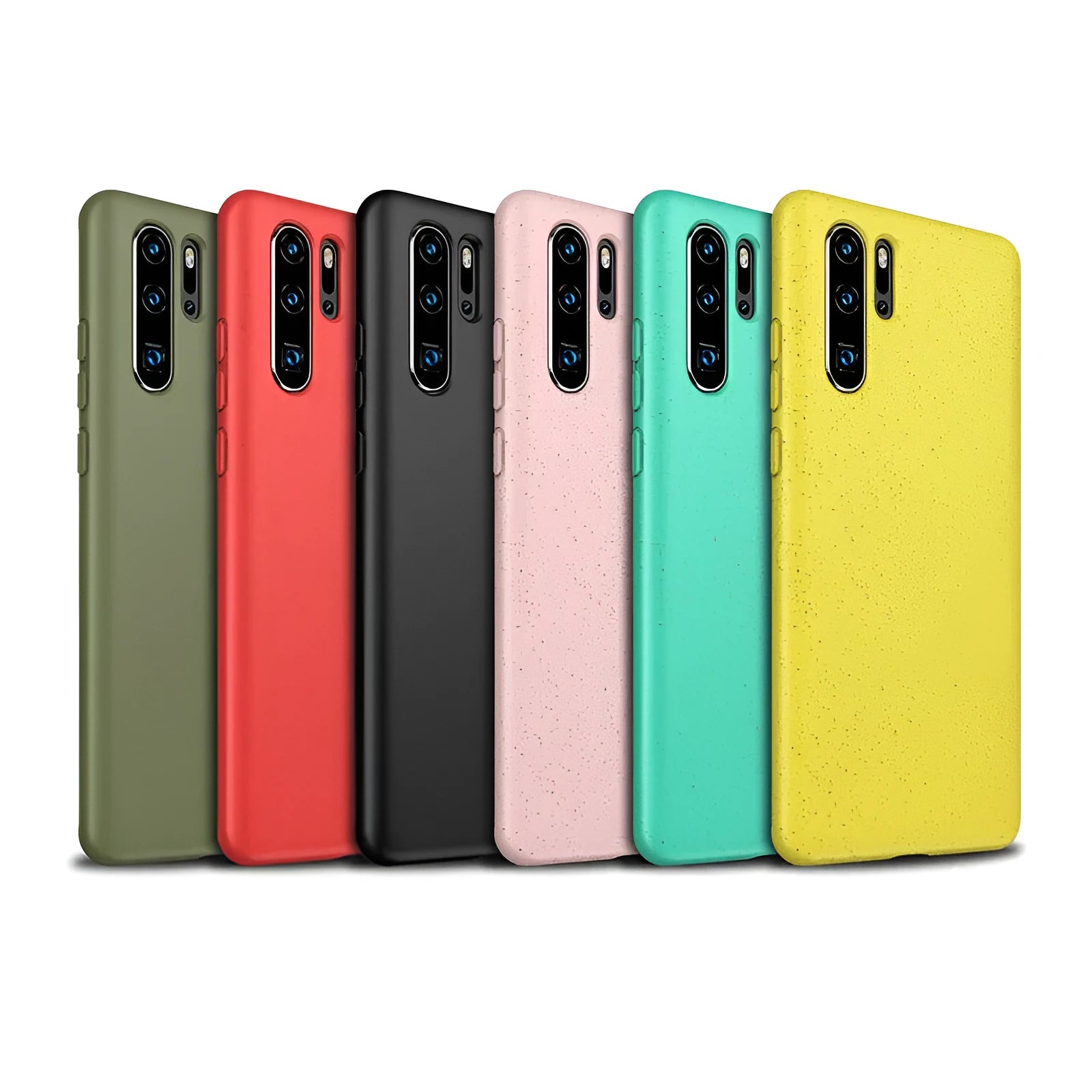 Huawei P30 mobile phone case in TPU material showing Army Green, Black, Blue, Pink, Red, and Yellow colour options.