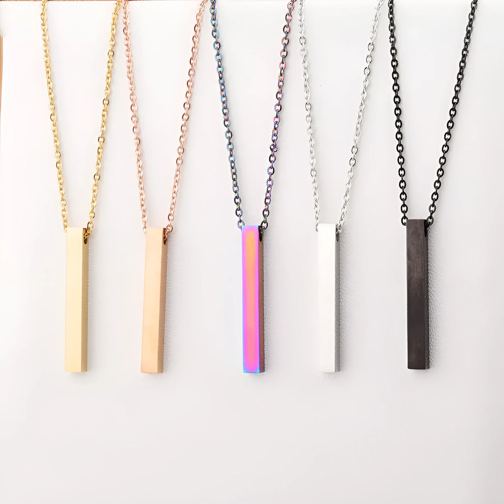 3D engraved bar necklace with stainless steel link chain in gold colour